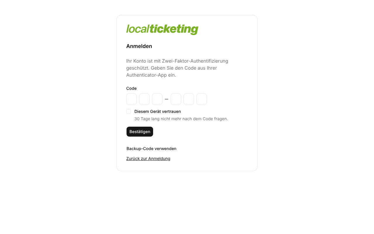 Anmeldeschritt mit Code-Feld und „Diesem Gerät vertrauen“
