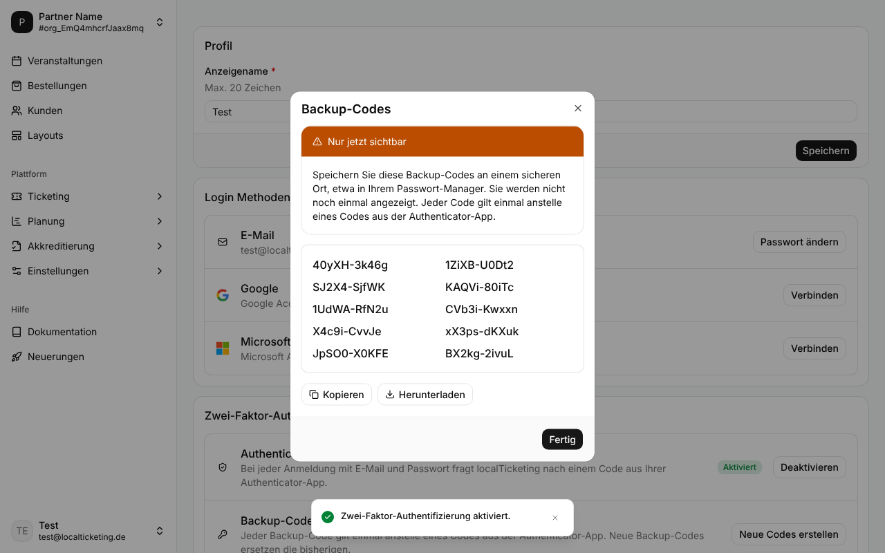 Dialog mit den Backup-Codes