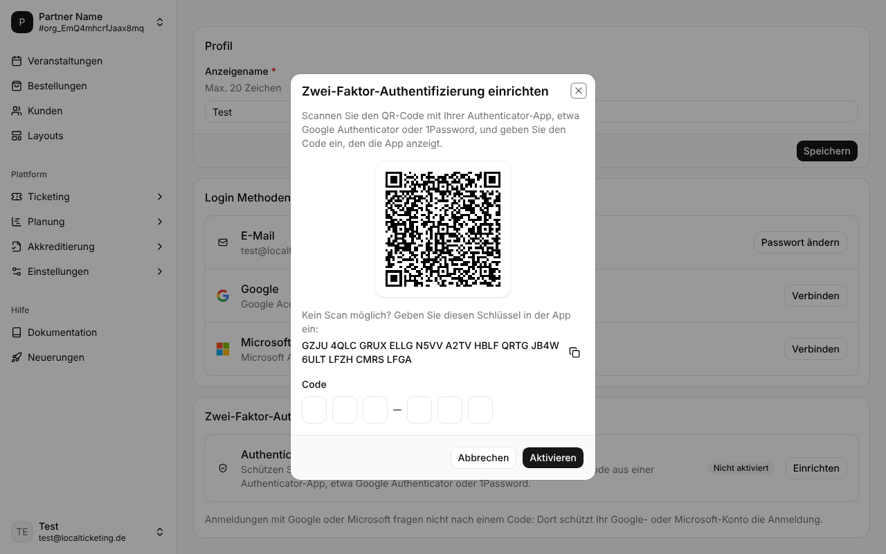 Dialog mit QR-Code, Schlüssel und Code-Feld