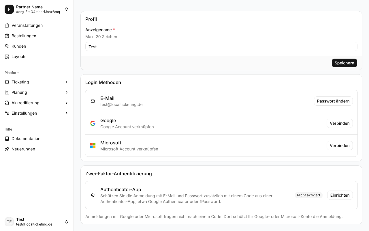 Persönliche Einstellungen mit dem Bereich Zwei-Faktor-Authentifizierung